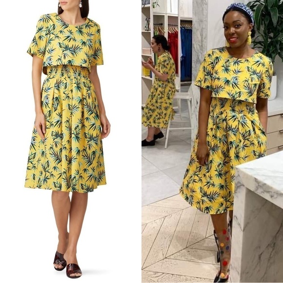 AUTUMN ADEIGBO Yellow Palm Leaf Jungle Print Short Sleeve Popover Midi Dress 4 - Picture 1 of 9